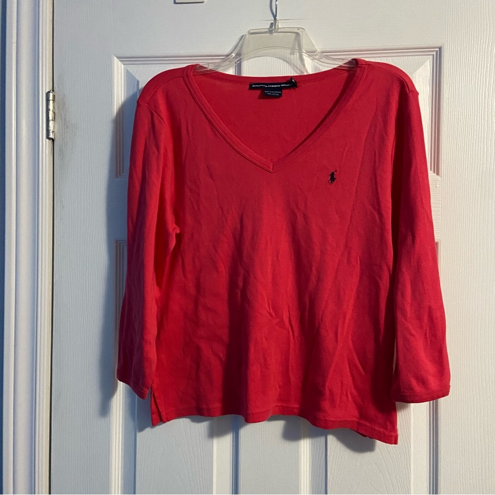 Ralph Lauren Sport Women's 3/4 Sleeve Red/Pink V-Neck Top 100% Cotton Size XL